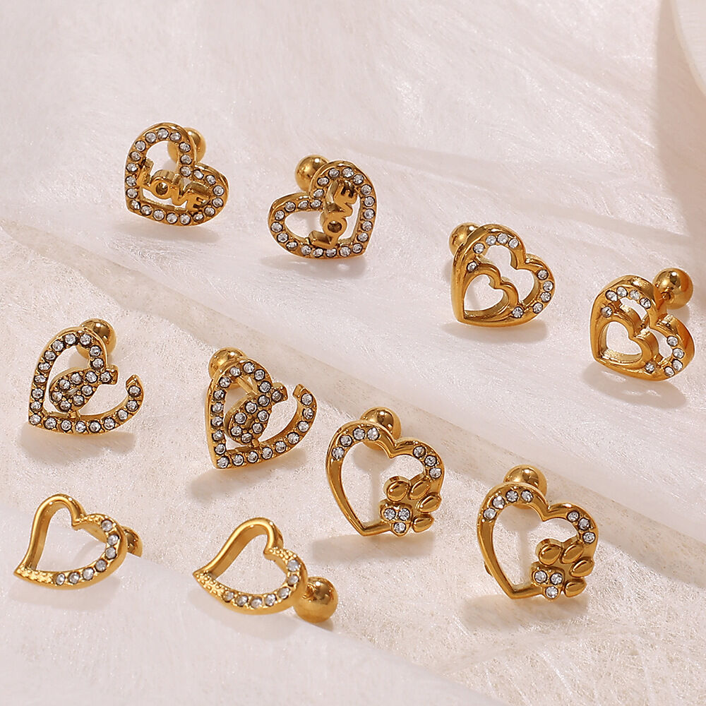 1 Pair Heart Stainless Steel Waterproof Gold Color Rhinestone Piercing Earrings