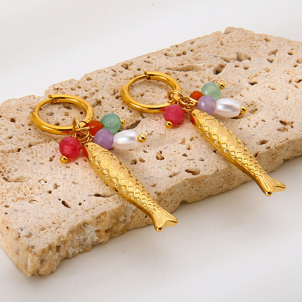 1 Pair  Retro Fish Stainless Steel Waterproof  Gold Color  Women's Drop Earrings 2