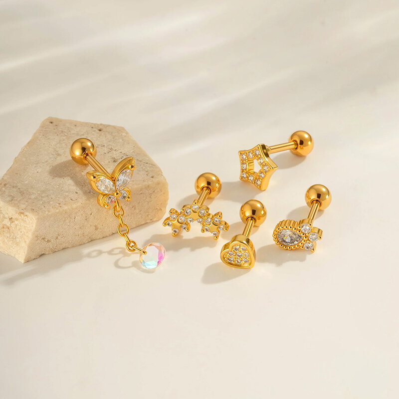 1 orecchino piercing in zircone color rame e oro a forma di farfalla