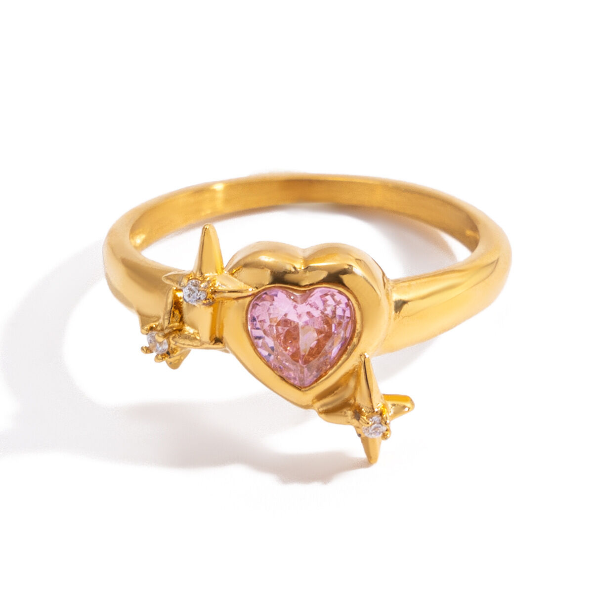 1 Piece Glamorous Pink Heart Stainless Steel Waterproof Gold Color Zircon Women's Gemstone Rings h5 