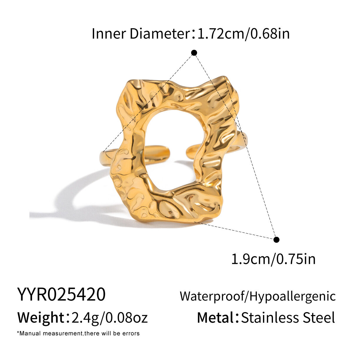 1 Piece Irregular Shape Hollowed-out Stainless Steel Waterproof Gold Color Statement Ring h5 