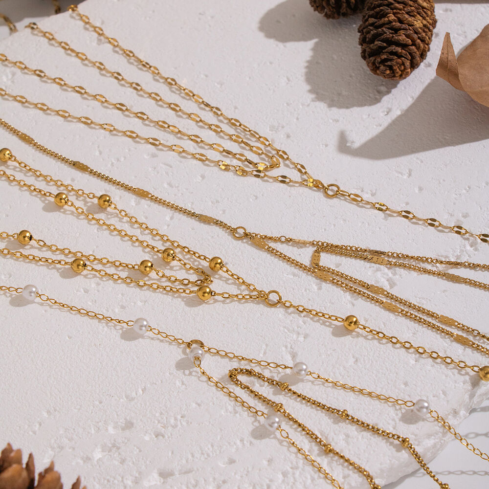 Y-shape Chain Stainless Steel Waterproof Gold Color Necklaces Set h5Picture3