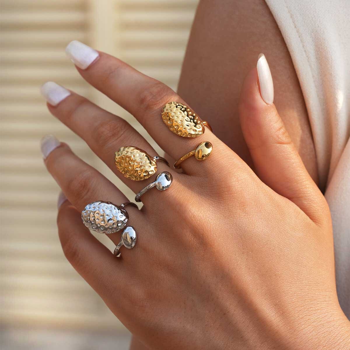 1 Piece Daily Hammer Pattern Stainless Steel Waterproof Gold Color Statement Rings
