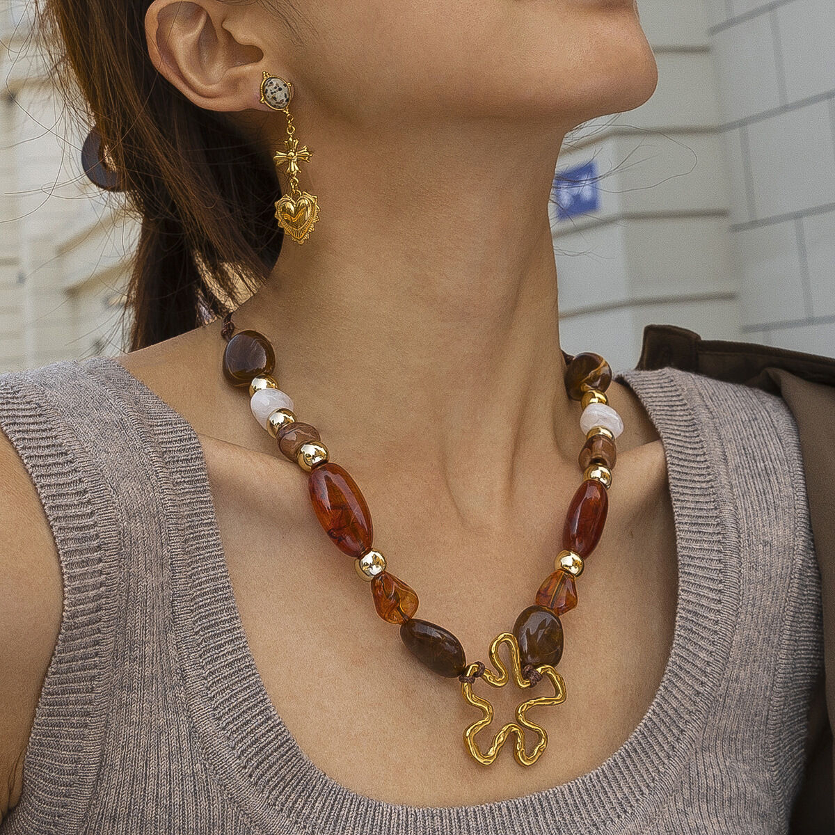 1 Piece Flower Shape Stainless Steel Waterproof Acrylic Beaded Necklace