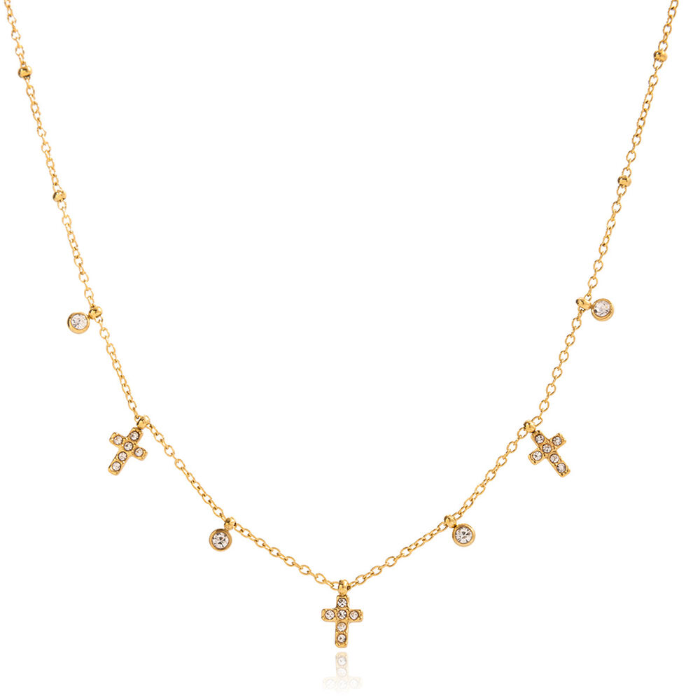 Collier pendentif femme sophistiqué en forme de croix, en acier inoxydable étanche, couleur or et zircon.