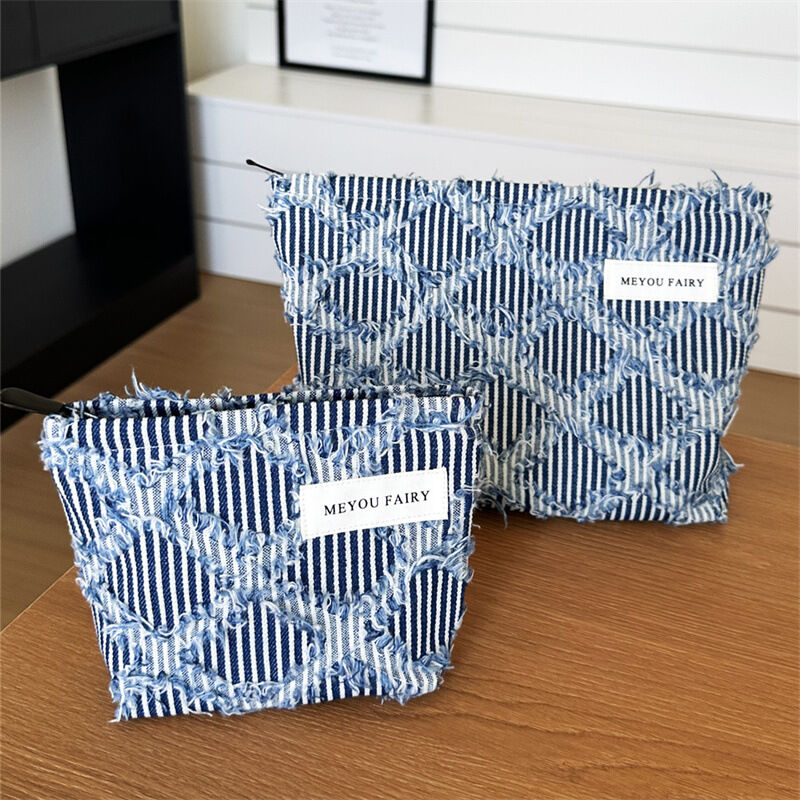 1 Stück einfache Make-up-Taschen aus Denim mit Schachbrettmuster und Fransen für Damen 2