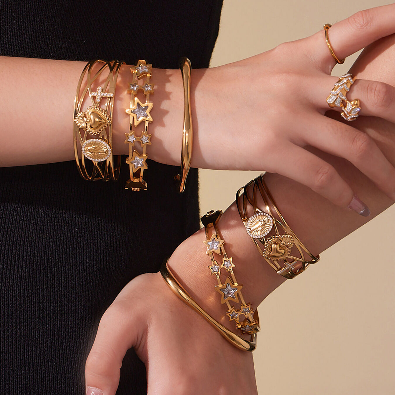 1 Piece Designable Star Stainless Steel Waterproof Gold Color Zircon Women's Cuff Bracelets h5 Picture6