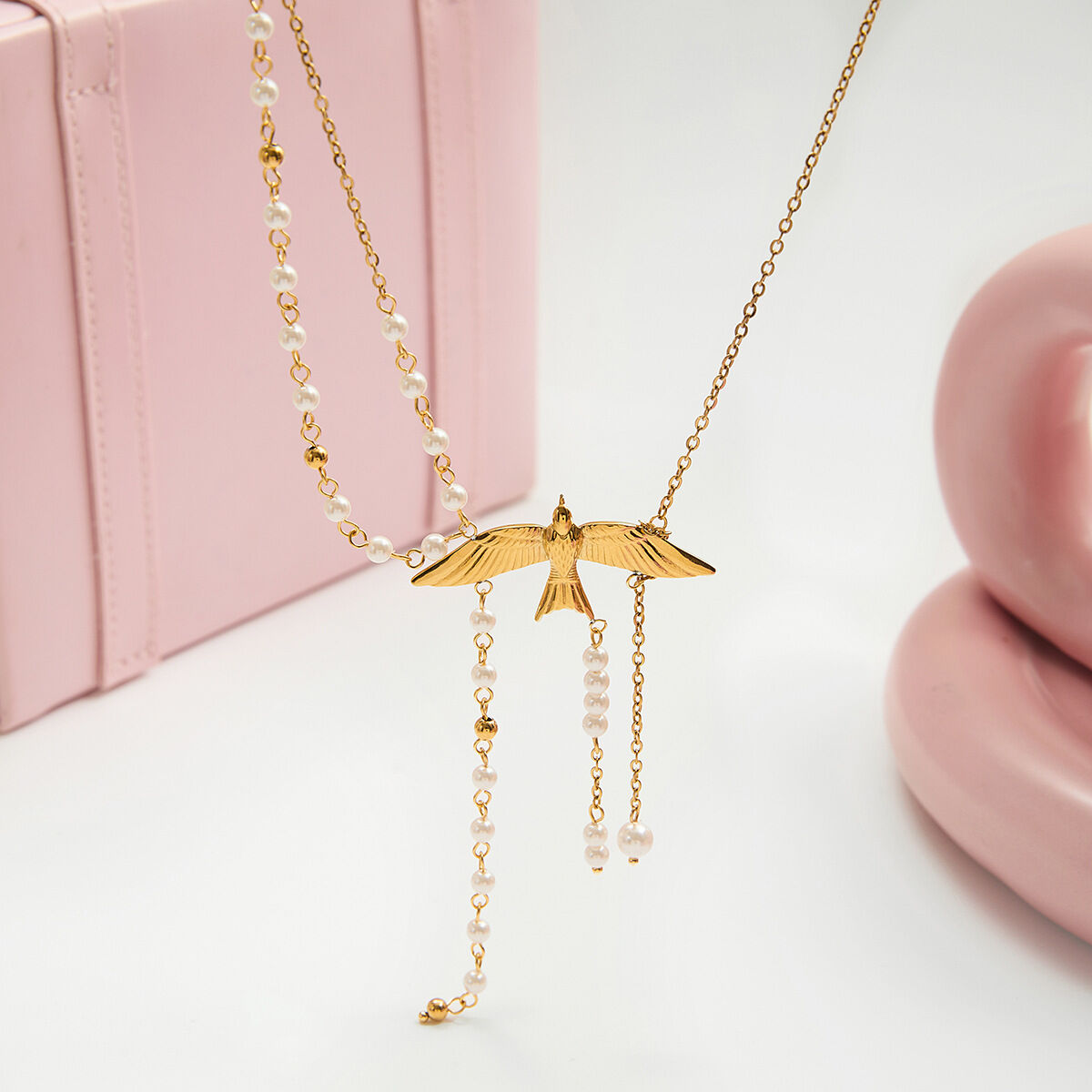 1 pezzo elegante collana con ciondolo a forma di uccelli in acciaio inossidabile impermeabile color oro da donna Immagine5