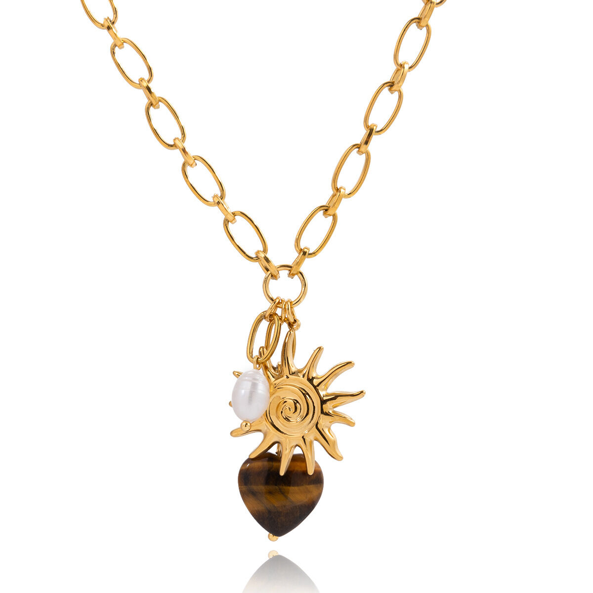 Collana con ciondolo da donna in pietra naturale color oro impermeabile in acciaio inossidabile a forma di cuore vintage da 1 pezzo 