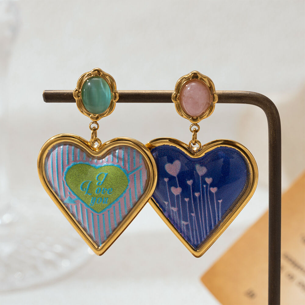 1 Pair Enamel Heart Stainless Steel Waterproof Natural Stone Drop Earrings h5Picture3