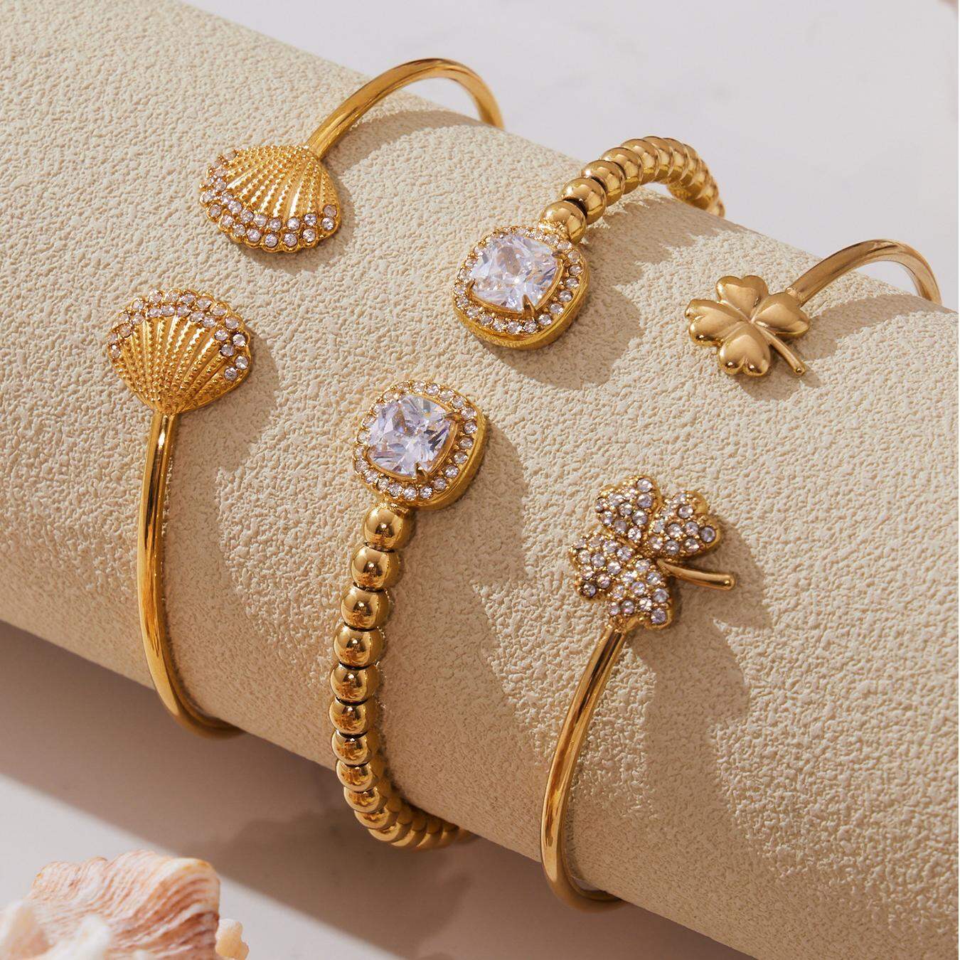 1 pezzo squisito braccialetti da donna in acciaio inossidabile con conchiglia, impermeabili, color oro e zirconi 2
