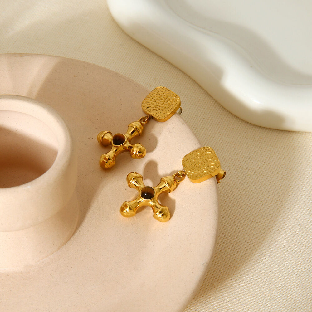 1 Pair Retro Cross Stainless Steel Waterproof Gold Color Natural Stone Drop Earrings Picture2