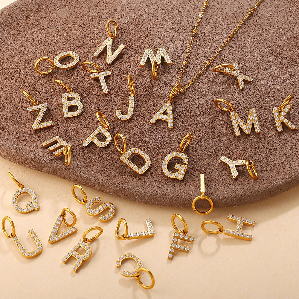 1 Piece 26 Letter Stainless Steel Waterproof Gold Color Rhinestone DIY Pendant h5 Picture2