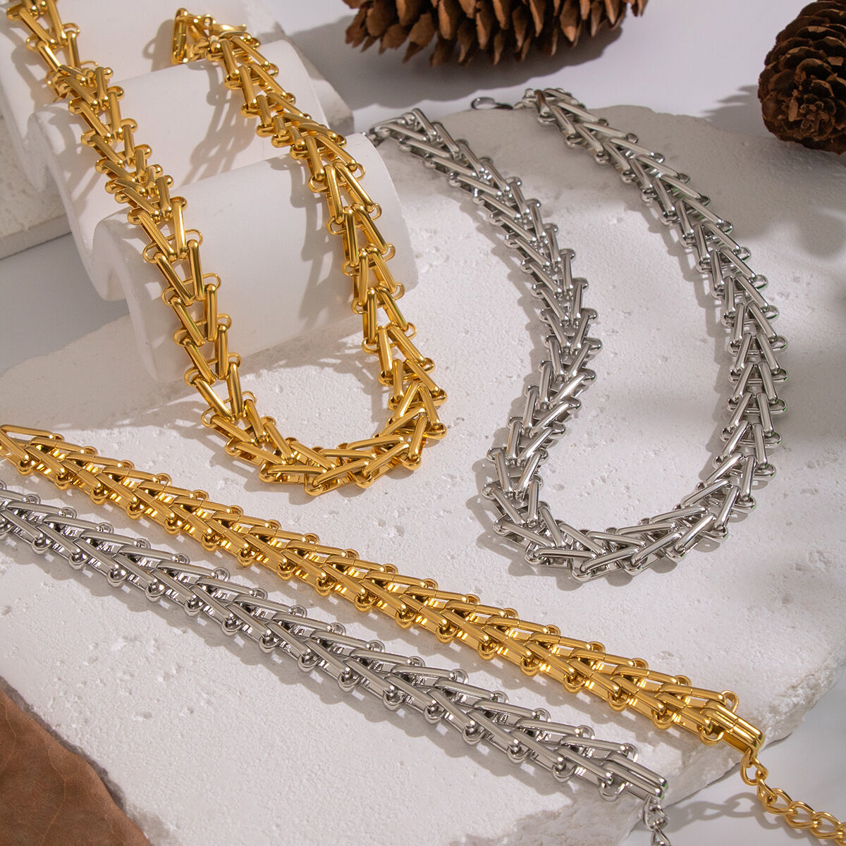 Casual Chain Stainless Steel Waterproof Gold Color Necklace Set