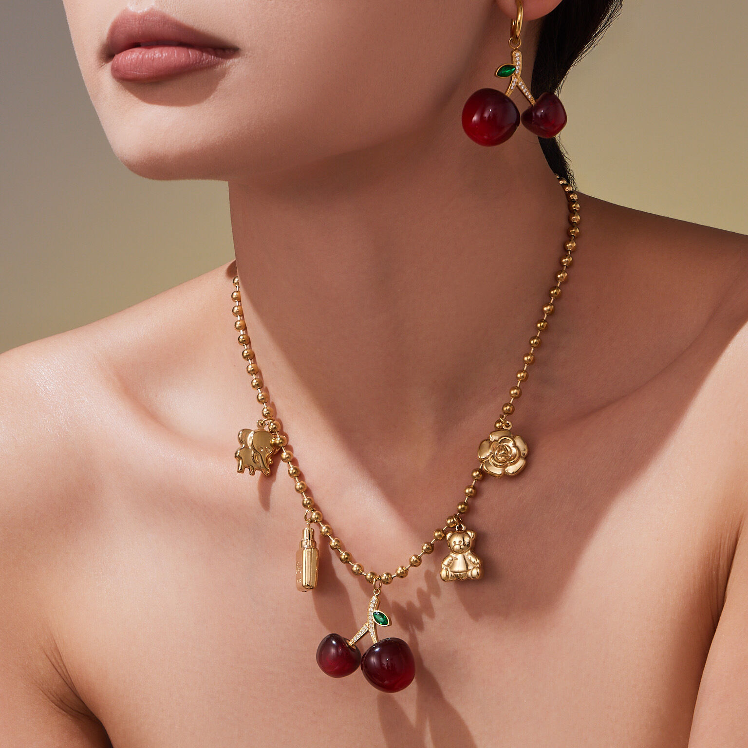 Sweet Cherry Stainless Steel Waterproof Gold Color Zircon Women's Jewelry Sets Picture3