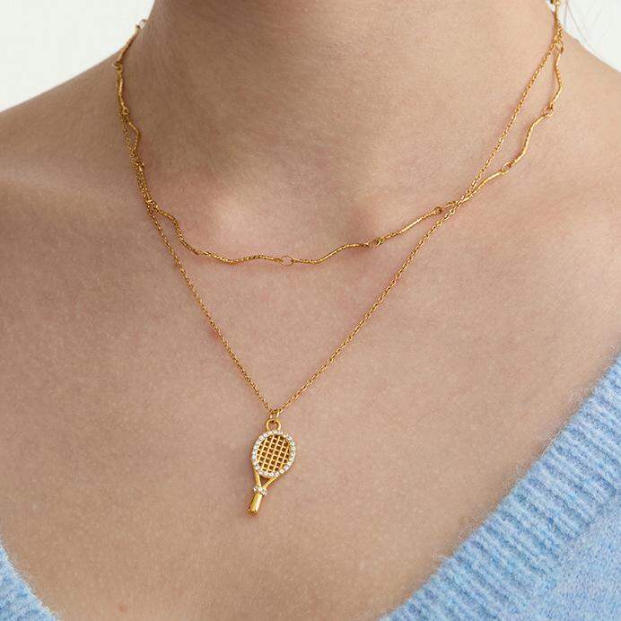 1 Piece Tennis Racket Stainless Steel Waterproof Gold Color Zircon Women's Pendant Necklaces