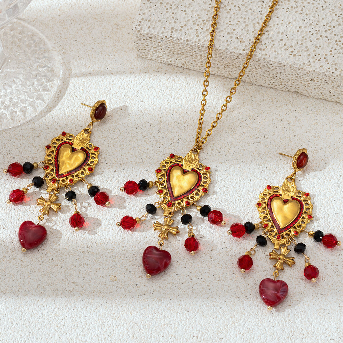 Retro Heart Stainless Steel Waterproof Gold Color Crystal Tassel Natural Stone Necklace Set h5Picture2