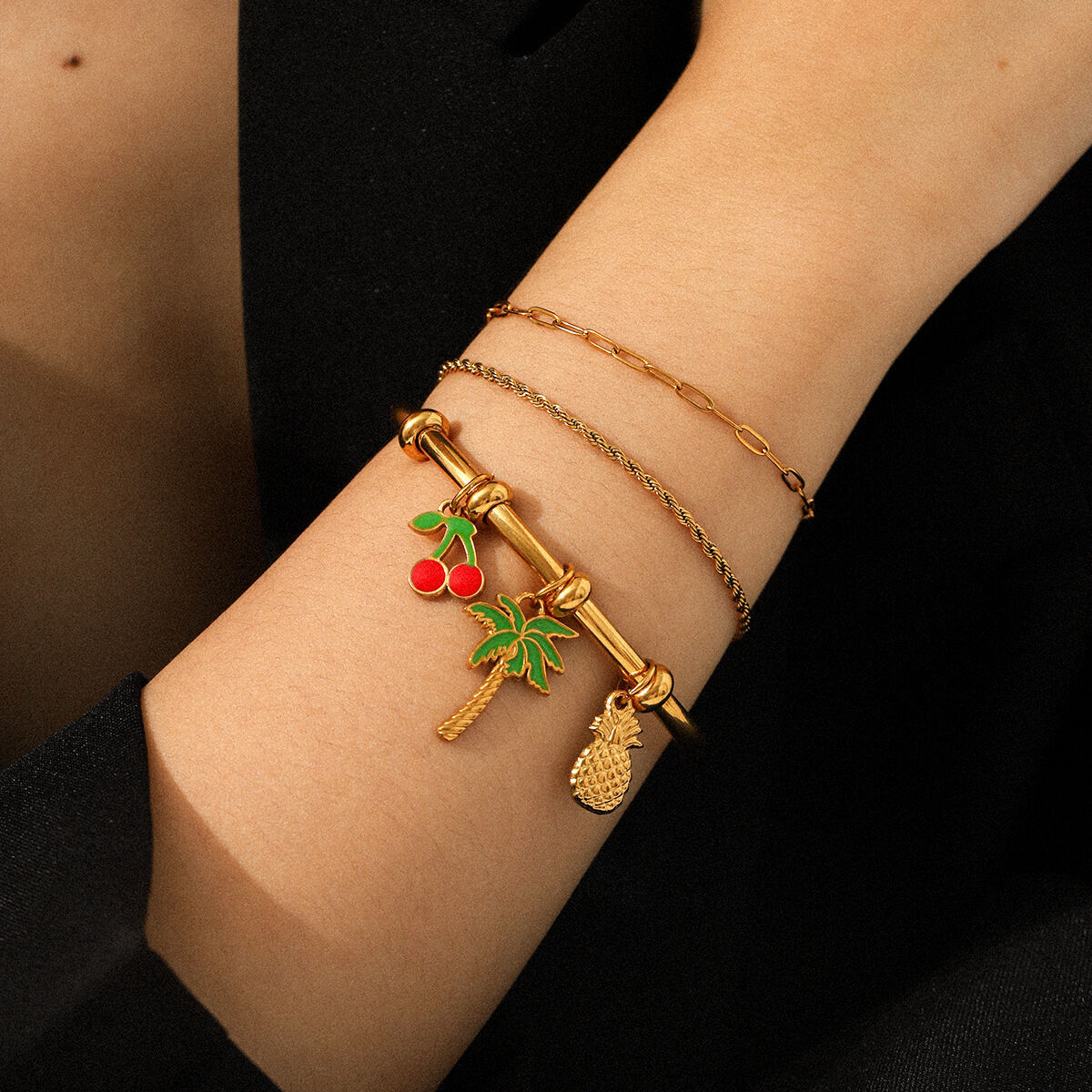 1 Piece Fruit Cherry Stainless Steel Waterproof Gold Color Bangle