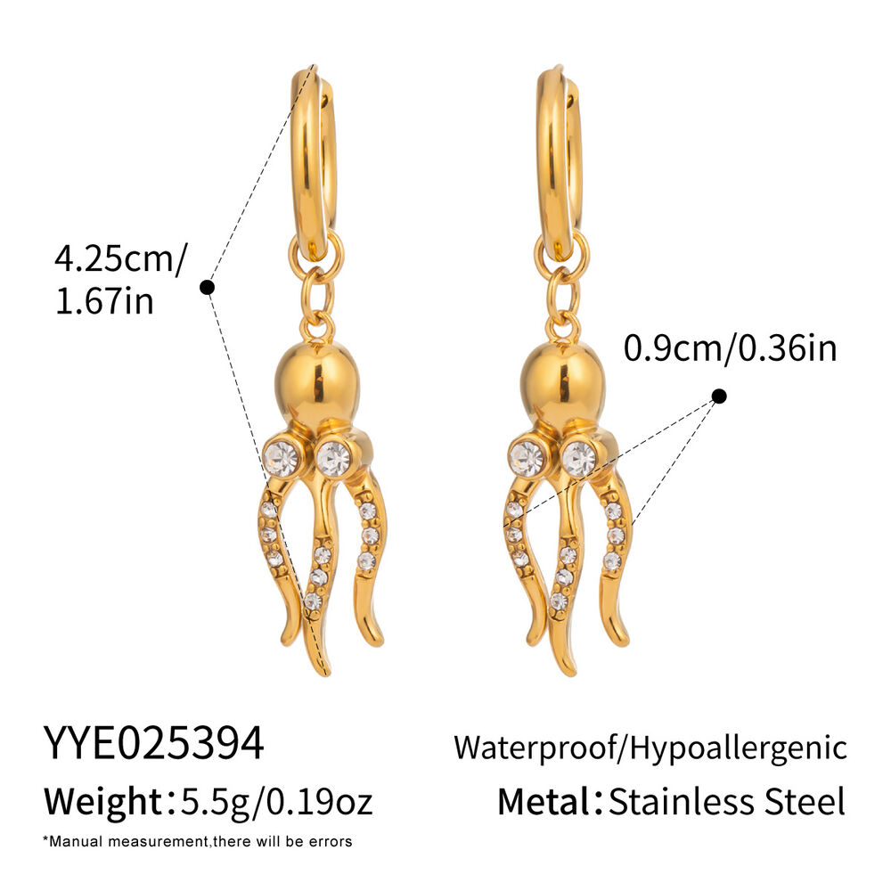 1 Pair Octopus Shape Stainless Steel Waterproof Gold Color Zircon Drop Earrings