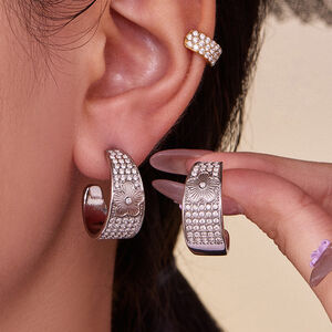 1 Pair Shining Flower Stainless Steel Waterproof Gold Color Zircon Women's Hoop Earrings h5 Picture4