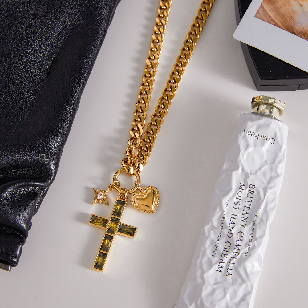1 Piece Luxurious Cross Green Zircon Stainless Steel Waterproof Gold Color Women's Pendant Necklaces h5Picture4