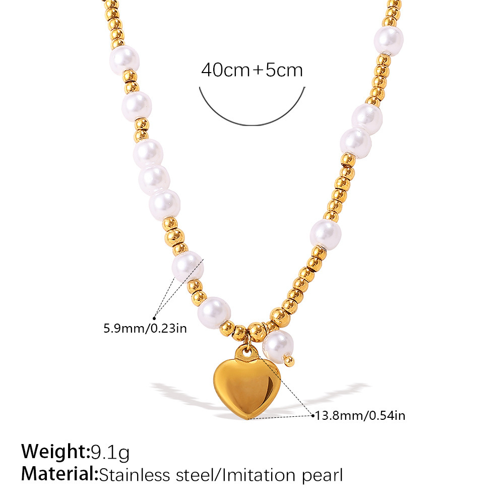 1 Piece Heart Stainless Steel Waterproof Gold Color Pearl Beaded Necklace Picture2