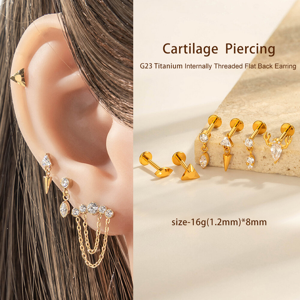 1 Parça Minimalist Üçgen Titanyum Alaşımlı Altın Renkli Zirkonyum Kadın Piercing Küpe Resim5