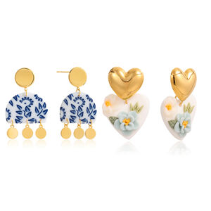 1 Pair Gorgeous Flower Heart Polymer Clay Gold Color Women's Drop Earrings h5 Picture7