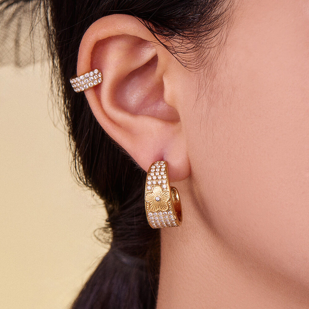 1 Pair Shining Flower Stainless Steel Waterproof Gold Color Zircon Women's Hoop Earrings Picture3