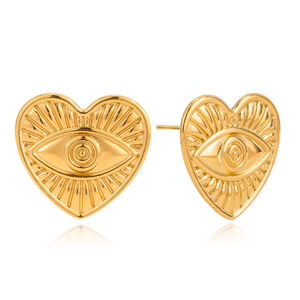 1 Pair Vogue Heart&Eye Stainless Steel Waterproof Gold Color Women's Stud Earrings h5