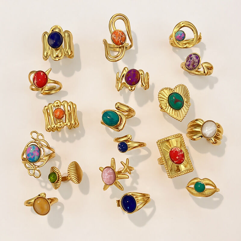 Bague en acier inoxydable doré, ornée d'une pierre naturelle (1 pièce)