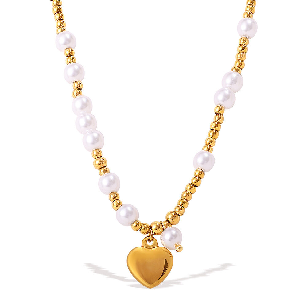1 Piece Heart Stainless Steel Waterproof Gold Color Pearl Beaded Necklace Picture4