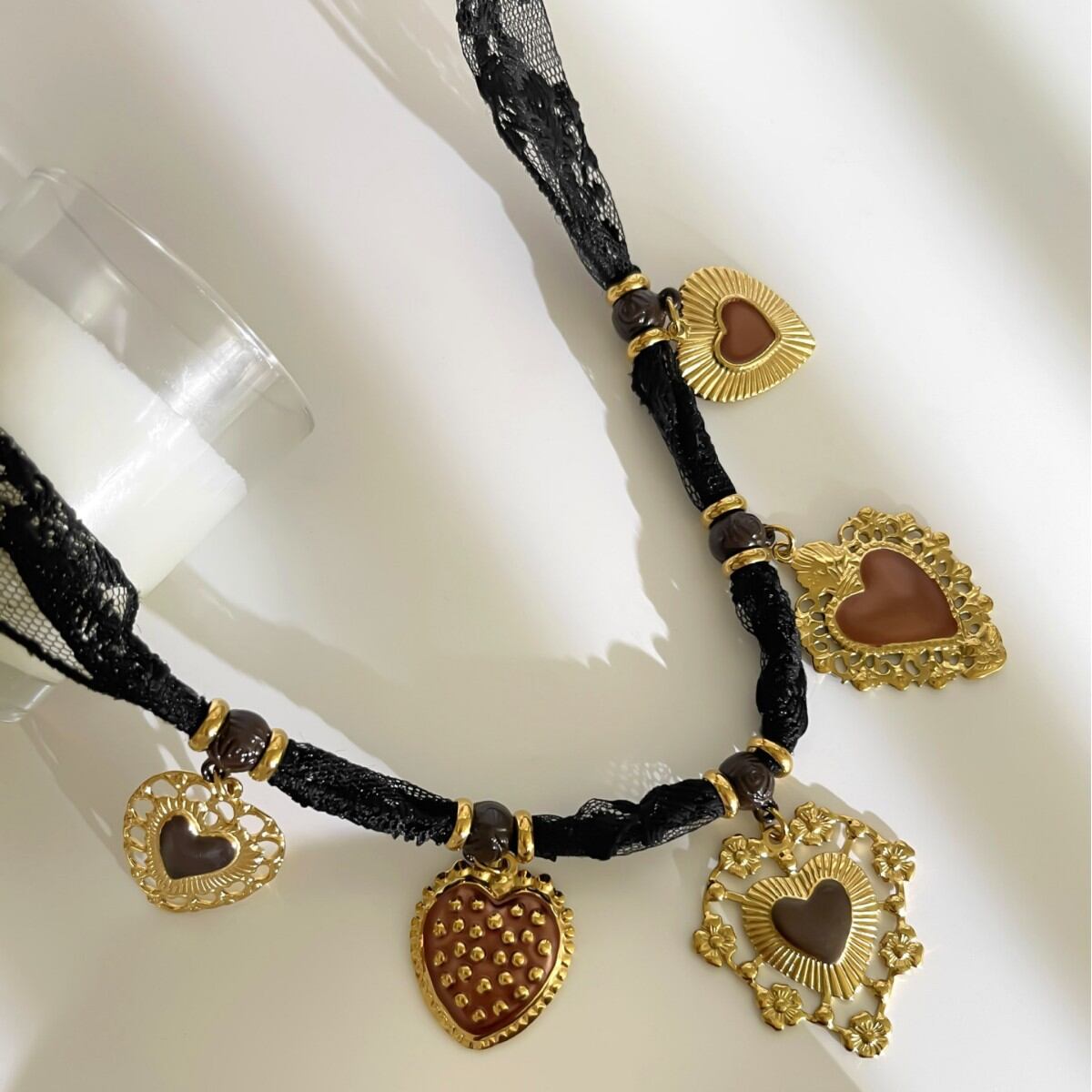 1 Piece Retro Heart Stainless Steel Waterproof Gold Color Fabric Pendant Necklace h5 Picture4