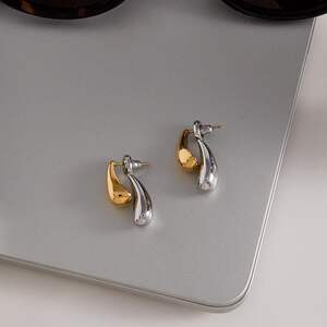 1 Pair Gold&Silver Colors Droplet Stainless Steel Waterproof Women's Stud Earrings h5 Picture3