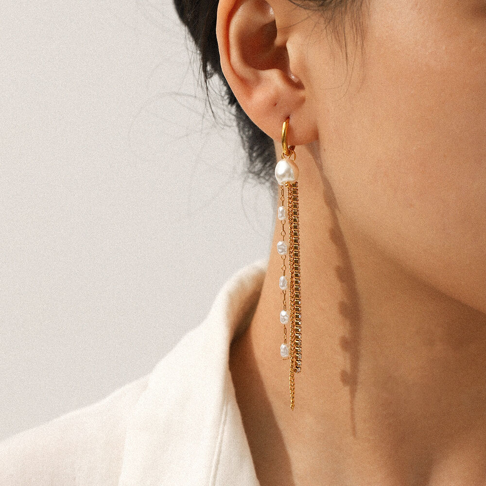 1 Pair Luxurious Series Tassel Stainless Steel Waterproof Gold Color Zircon Dangle Earrings Picture4