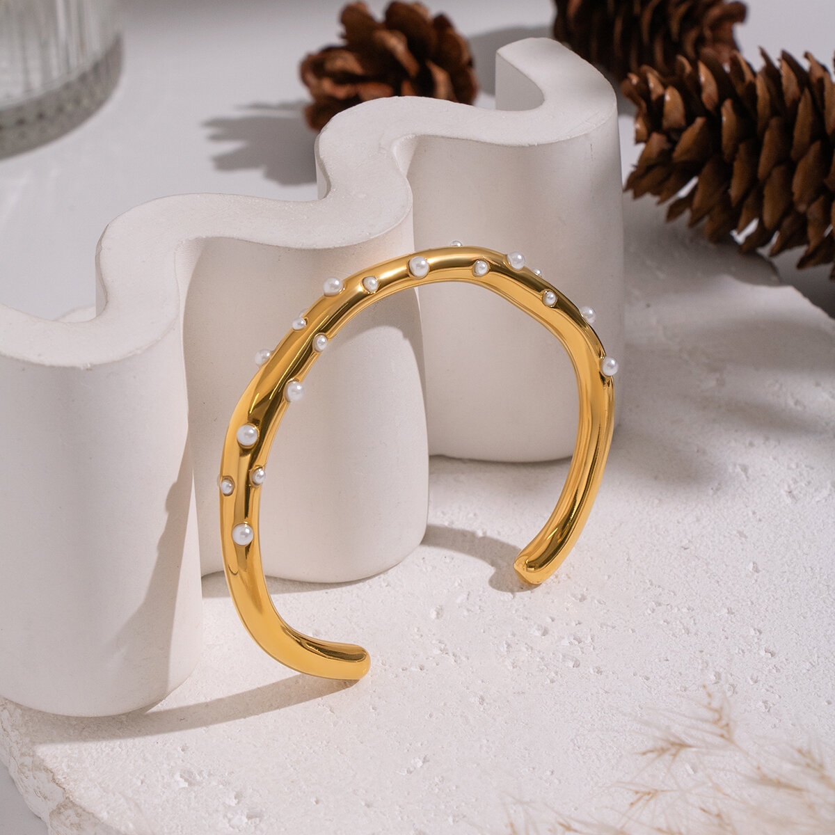 1 Piece Stainless Steel Waterproof Gold Color Pearl Cuff Bracelet