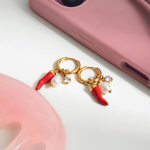 1 par de pendientes colgantes clásicos de acero inoxidable con chile rojo, resistentes al agua y color dorado para mujer. h5 Imagen5