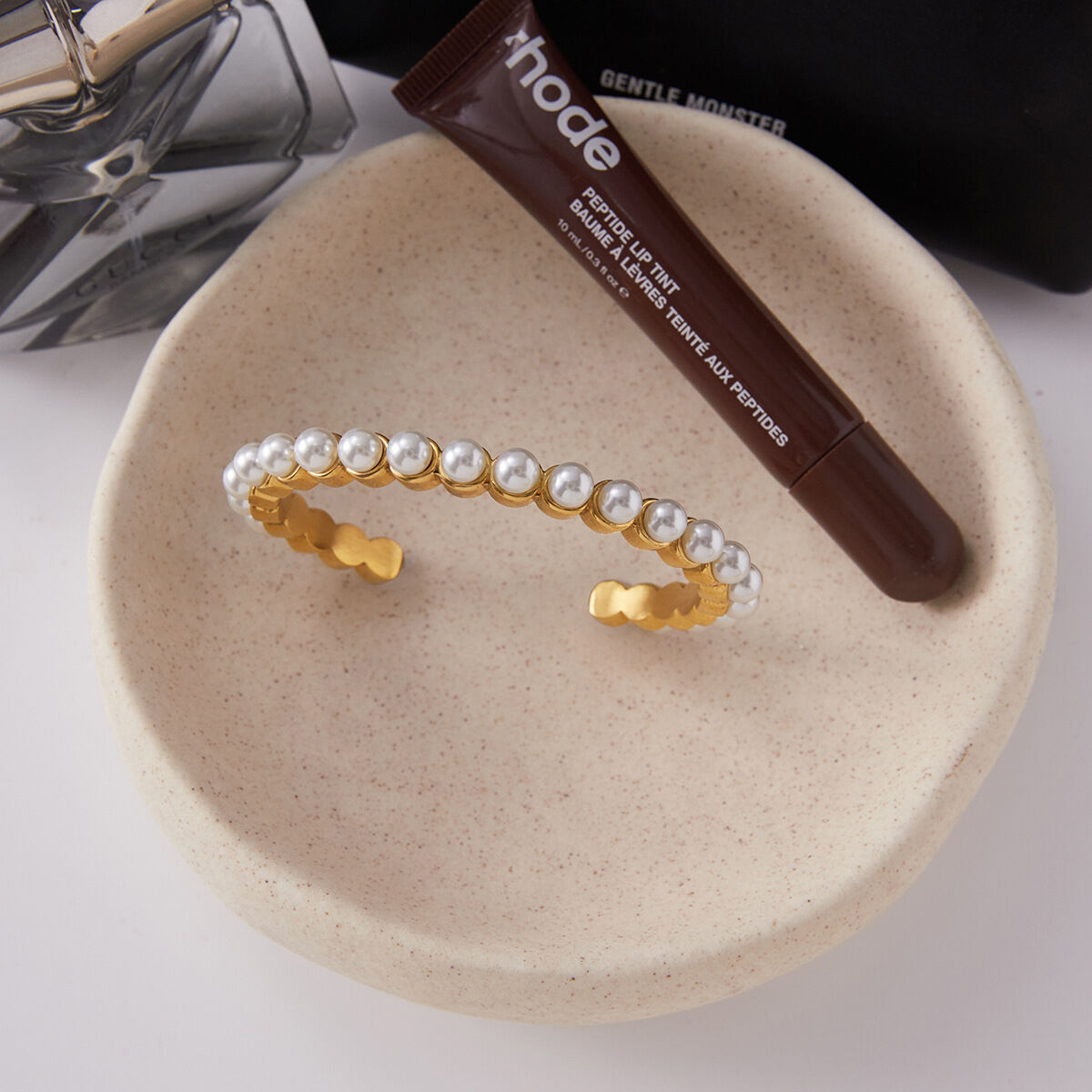 Bracelet classique pour femme, en acier inoxydable, couleur or, orné de perles (1 pièce) Image5