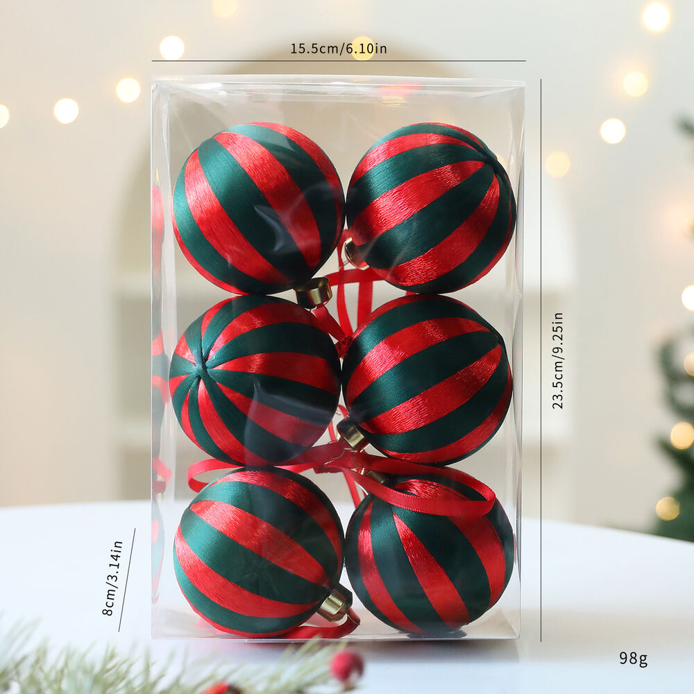 1 set di palline natalizie a righe in poliestere per feste (1 set = 6 pezzi)