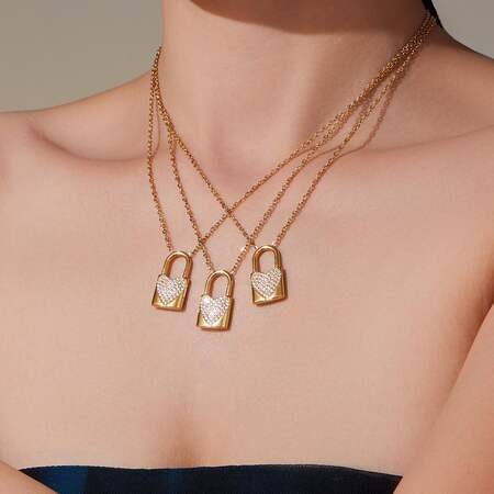 1 Piece Sparkling Lock Stainless Steel Waterproof Gold Color Zircon Women's Pendant Necklaces