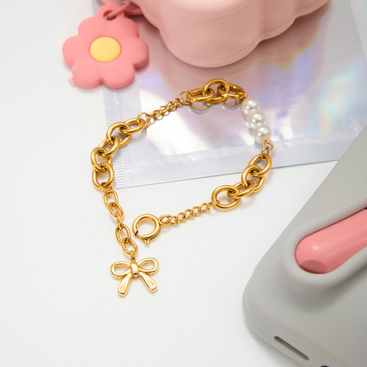 1 Piece Romantic Bow Knot Stainless Steel Waterproof Gold Color Women's Charm Bracelets 2