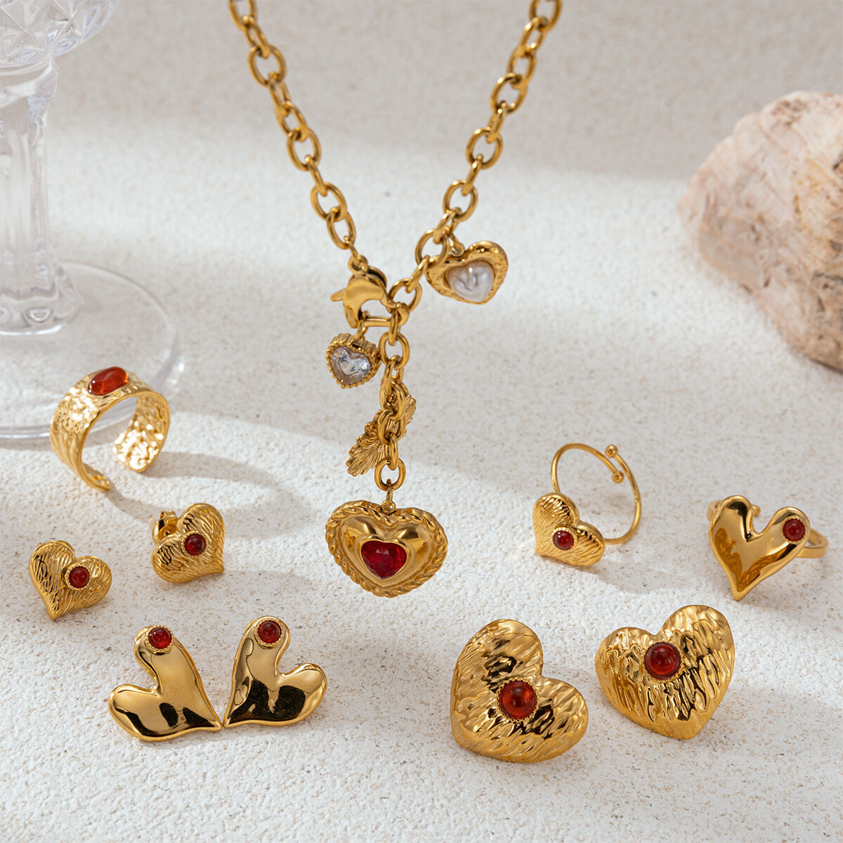 Heart Stainless Steel Waterproof  Red Agate Necklaces Set