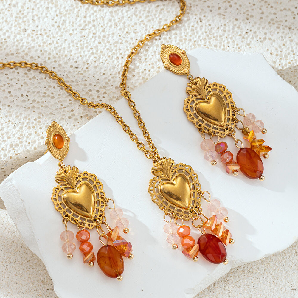 Heart Stainless Steel Waterproof Gold Color Crystal Tassel Natural Stone Necklace Set h5Picture2