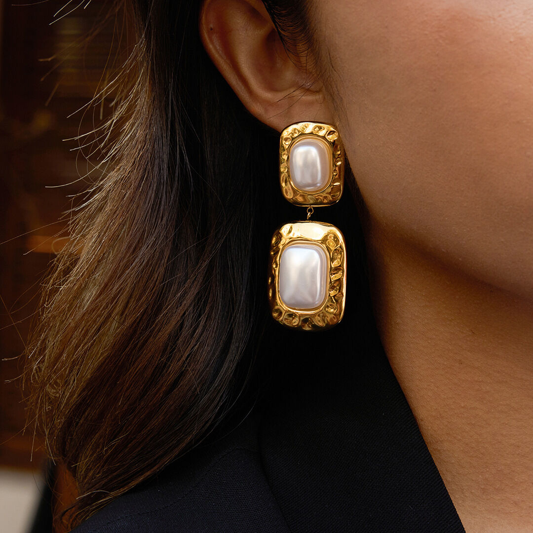 1 paio di splendidi orecchini pendenti rettangolari in acciaio inossidabile color oro impermeabili da donna