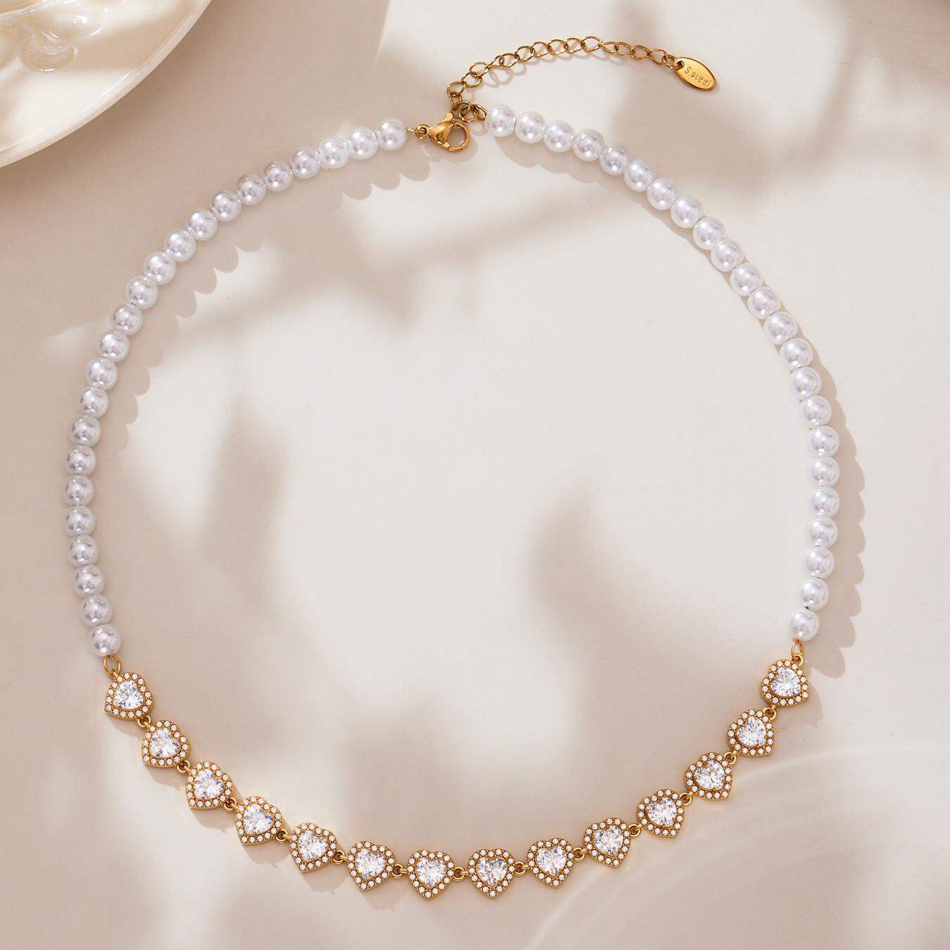 1 Piece Shining Heart Beads Stainless Steel Waterproof Gold Color Zircon Women's Beaded Necklaces Picture4