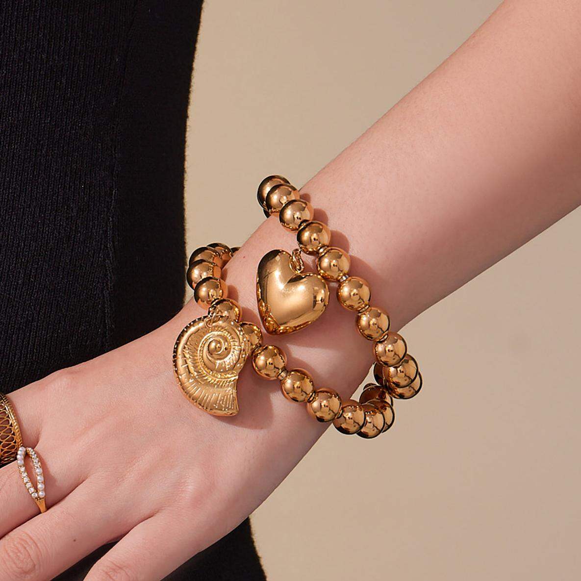 1 Piece Solid Color Heart Beads Shell Stainless Steel Waterproof Gold Color Women's Cuff Bracelets