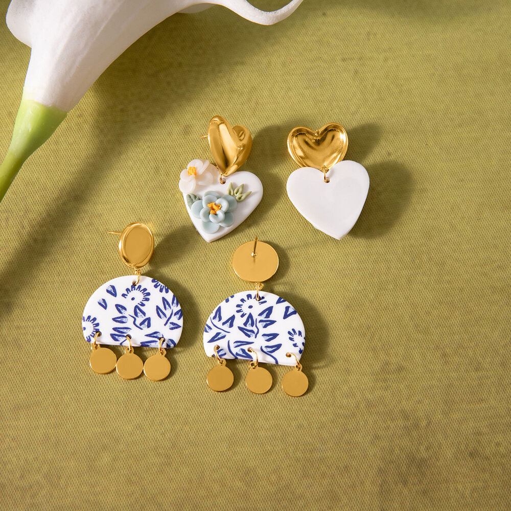 1 Pair Gorgeous Flower Heart Polymer Clay Gold Color Women's Drop Earrings h5Picture4