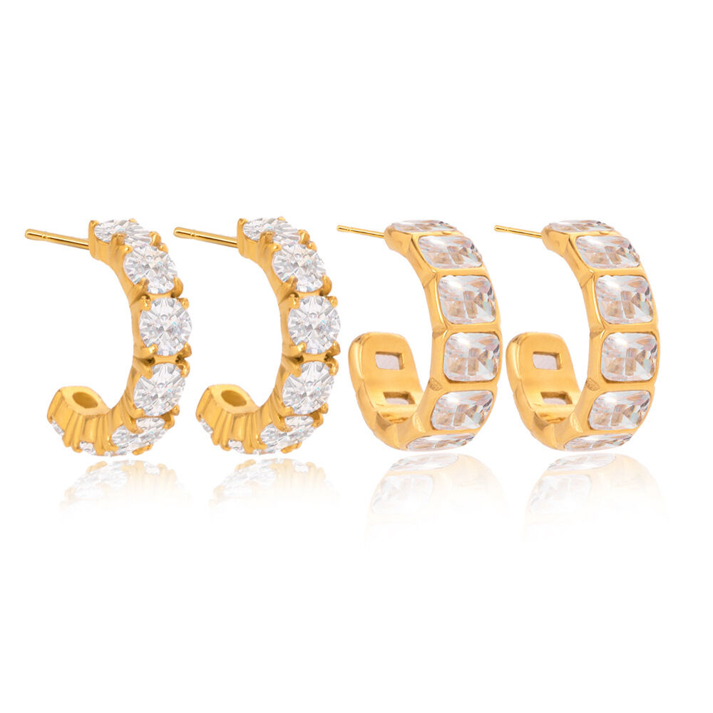 1 Pair Luxurious Circle Stainless Steel Waterproof Gold Color Zircon Women's Hoop Earrings h5Picture7