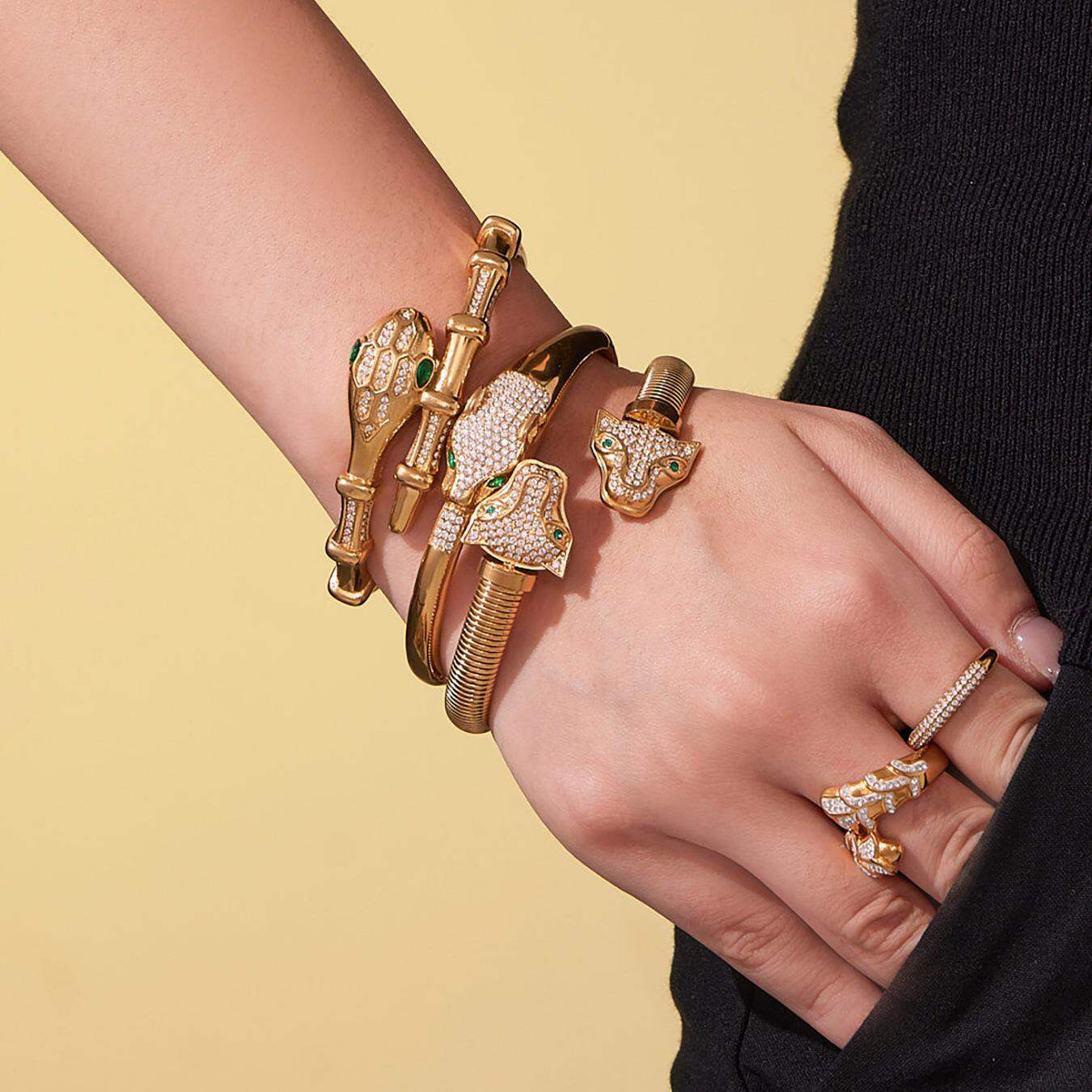 1 bracelet luxueux en acier titane et zircon doré motif léopard et serpent pour femme