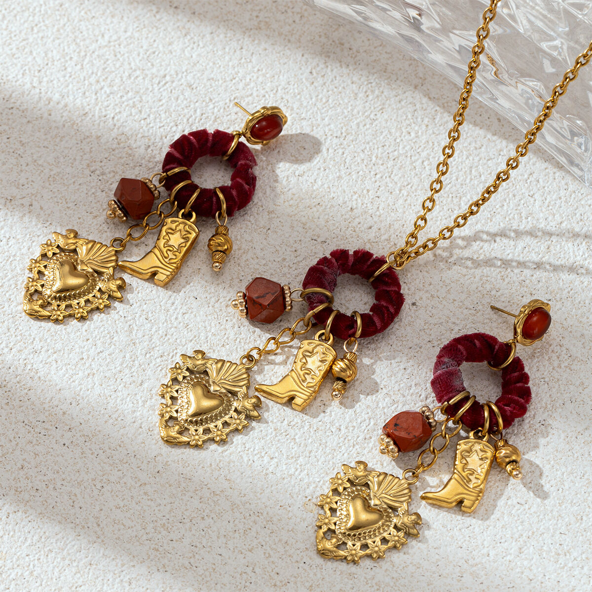 Heart Stainless Steel Waterproof Velvet Circle Gold Color Natural Stone Necklace Set 2